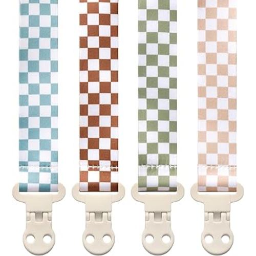 Baby Pacifier Clip Holder - Girl or Boy Unisex 4 Pack Gift Set – Neutral Modern Retro Checker Green Blue Brown Beige