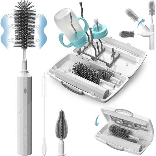 Electric Baby Bottle Brush Cleaner Set, 7 in 1 Travel Baby Bottle Cleaning Kit, Drying Rack, Baby Bottle Brush Box, Straw and Nipple Brush, Portable Silicone Brush Set, Brush Handle Rotated 90°Design