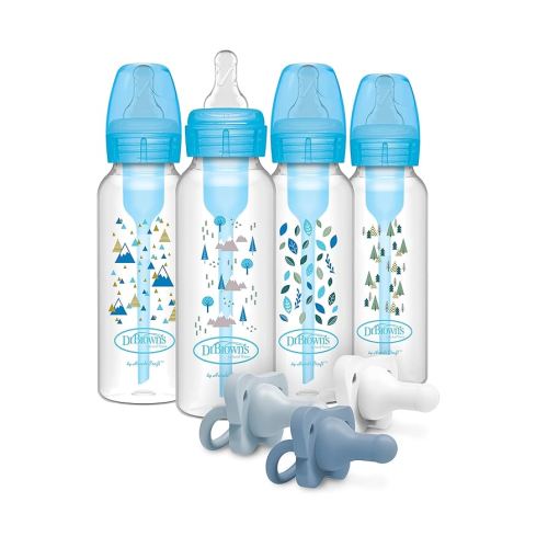 Dr. Brown's Anti-Colic Options+ Baby Bottles, Narrow, Blue Nature Designs, 8oz, 4 Pack & HappyPaci 100% Silicone Pacifier 0-6m, BPA Free, White, Blue, Light Blue 3-Pack