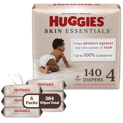 Bundle of Huggies Size 4 Diapers, Skin Essentials Baby Diapers, Size 4 (22-37 lbs), 140 Count (2 Packs of 70) + Huggies Skin Essentials Baby Wipes, 99% Water, 6 Flip Top Packs (336 Wipes Total)