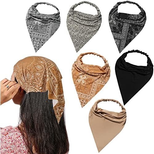 6 Pack Hair Scarf Headband for Women Elastic Bandana Head Scarf Large Boho Triangle Kerchief with Clips Non Slip Scarves