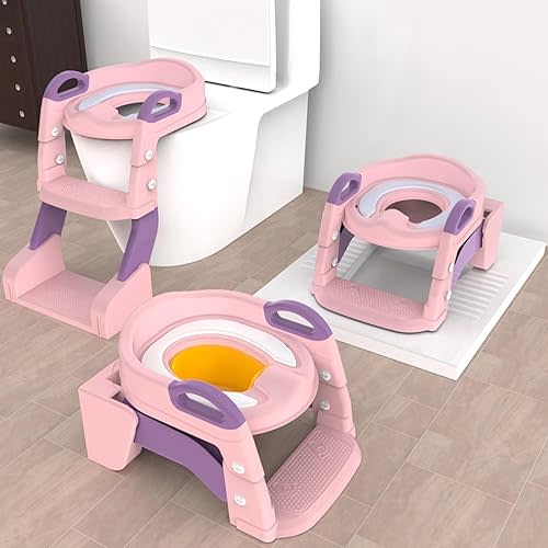 3-in-1 Toddler Potty Training Toilet with Ladder & PU Cushion, Collapsible Potty Training Seat, Anti-Slip Foldable Toddler Toilet Seat with Adjustable Step Stool for Kids Boys & Girls (BABYSEAT-Pink)