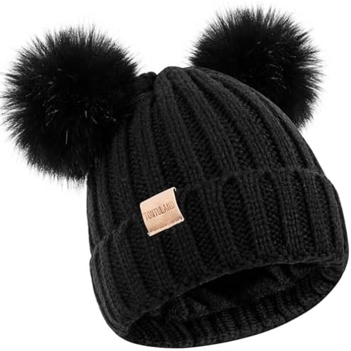 Kids Winter Beanie Hat Warm Ski Caps with Pompom Fleece Lined Children's Knit Hat for Boys Girls