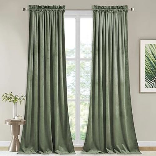 StangH Sage Green Velvet Curtains for Nursery Bedroom Rod Pocket Room Darkening Privacy Curtain Panels Heritage Plush Heat Insulation Drapes for Living Room, W62 x L84, 2 Panels