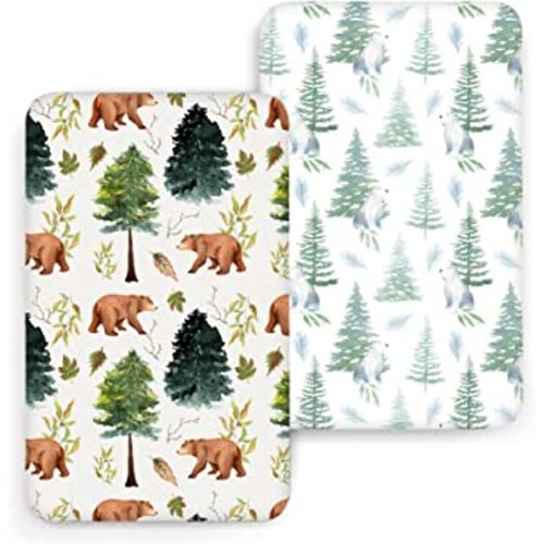 ACRABROS Crib Sheets for Girl Boy: Stretchy Baby Fitted Crib Mattress Sheets Sets 2 Pack Standard Size Ultra Soft Neutral, Bears &Forest