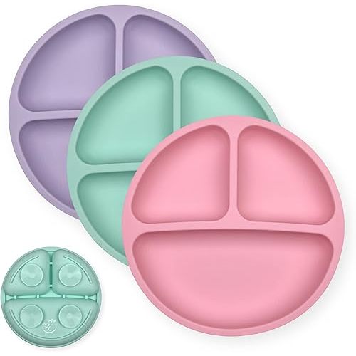 Hippypotamus Toddler Plates with Suction - 100% Food-Grade Silicone Baby Plates - Microwave & Dishwasher Safe - BPA Free - Set of 3 (Pink/Mint/Lavender)
