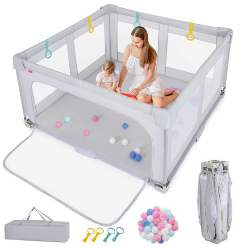 Infans Large Baby Playpen 59" x 59" with Zipper Gate 50 Ocean Balls and 4 Pull-up Rings