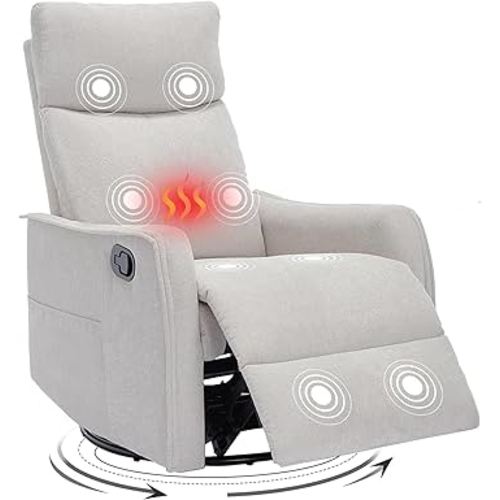 Swivel Rocker Recliner Chair, 360° Swivel Recliner with Heat and Massage, Rocker Recliner Nursery Glider Chair with Side Pockets for Living Room (Beige, Fabric)