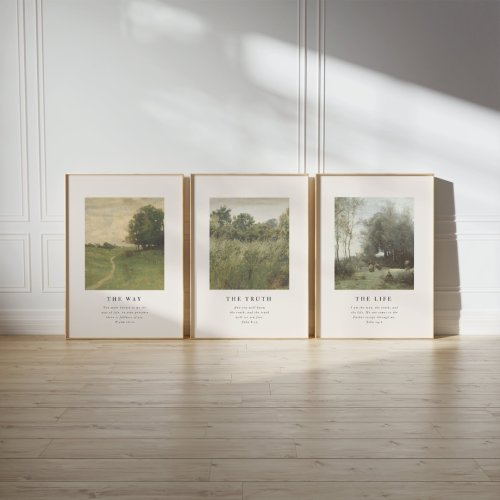 Christian Wall Art Set of 3, The Way, The Truth, The Life, Bible Verse Wall Print, Vintage Scripture Decor, John 14, Psalm 16 Religious Home