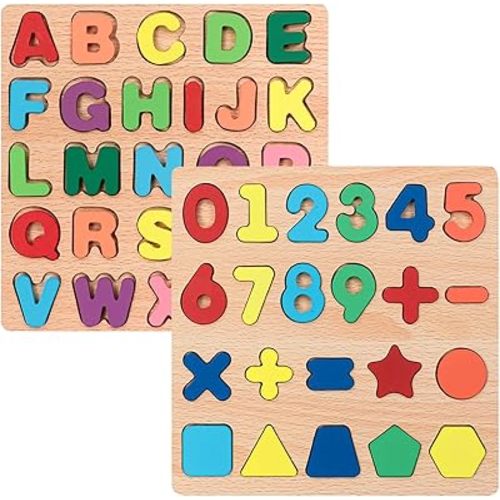 Wooden Puzzles for Toddlers, 2pack Alphabet Shape Puzzles for Kids Wooden Montessori Toddler Puzzles Wooden Alphabet Number Shape Puzzles for Kids 3 Years Old Boys & Girls