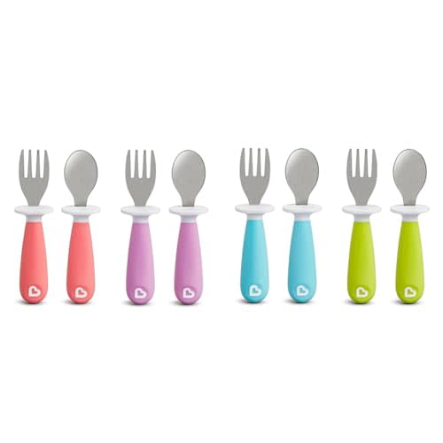 Munchkin® Raise™ Toddler Fork and Spoon Utensil Set, Rest Keeps Tip Off Table, BPA Free, 8 Pack, Blue/Green/Pink/Purple