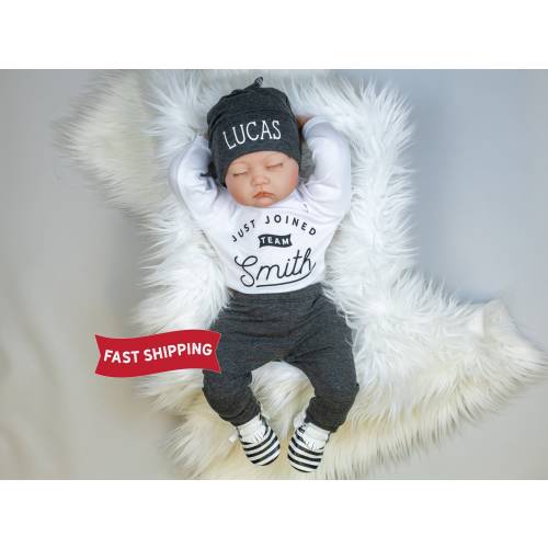 Baby Boy Coming Home Outfit, Just Joined Team Baby Outfit, Custom Name, Personalized First and Last Name, Newborn Boy, New to the Crew