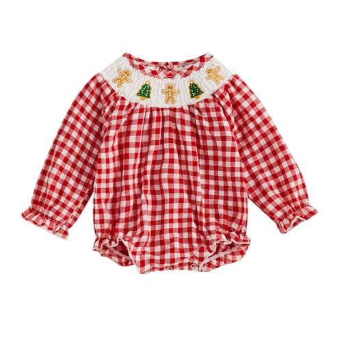 Honganda Newborn Baby Girl Christmas Outfit Plaid Smocked Bubble Romper Santa Claus Gingerbread Man Embroidery Xmas Clothes