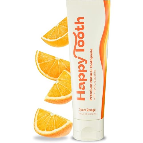 Happy Tooth Natural Hydroxyapatite Toothpaste, Fluoride Free, SLS Free, Whitening for Sensitive Teeth, Natural Ingredients, Dentist Formulated & Recommended, Adults & Kids, Sweet Orange 4 Fl Oz