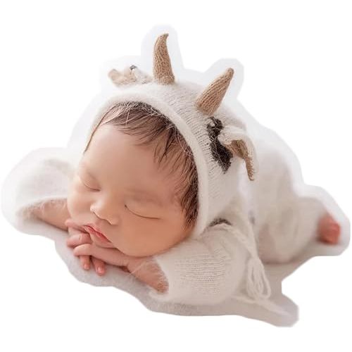 Zeroest Newborn Photo Prop for Girl and Boy Knit Cow Bonnet Newborn Photography Outfit Bull Set Baby Photoshoot Ox Stuffed