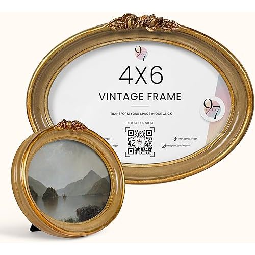 97 Decor Vintage Oval Picture Frame 4x6 - Gold Oval Frame 4x6, Elegant Ornate Frames 4 By 6, Antique Looking Picture Frames 4 X 6 With Glass Front For Tabletop And Wall Hanging, Victorian Wall Decor