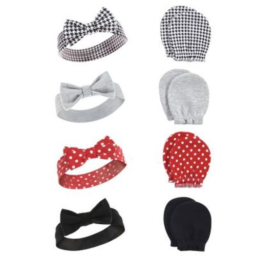 Hudson Baby Infant Girl Cotton Headband And Scratch Mitten Set, Houndstooth, 0-6 Months
