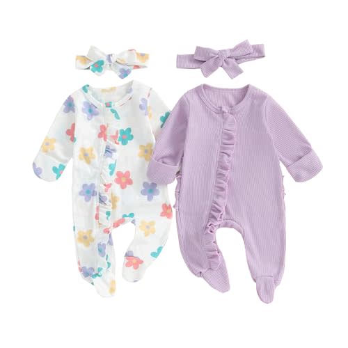 Baby Girl Footies Newborn Zipper Sleeper 2 Pack Ruffle Pajamas Romper Coming Home Outfit