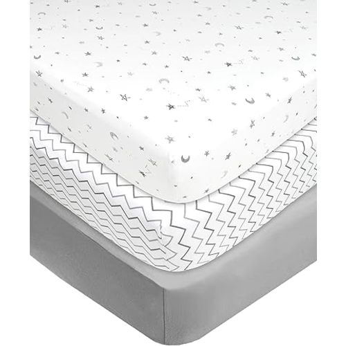 American Baby Company 3 Pack Fitted Crib Sheets 28" x 52", Soft Breathable Neutral 100% Cotton Jersey Sheet, Grey Star/Zigzag, for Boys and Girls, Fits Crib and Toddler Bed mattresses