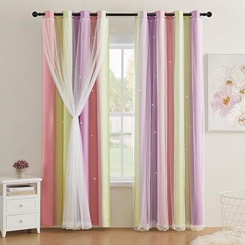 XiDi Pink Yellow Curtains for Girls Bedroom Decor Kids Blackout Curtains for Nursery Room Darkening Rainbow Princess Unicorn Wall Decals Little Girl Pink Yellow Purple 52x45 Inches Long 2 Panels Set