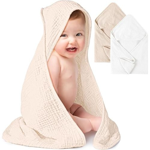 Konssy 2 Pack Muslin Hooded Baby Towels Soft 100% Cotton Baby Bath Towel for Newborn, Infant Ultra Absorbent, Natural Baby Stuff Baby Bath Shower Gifts for Boy and Girl (White,Beige,32" x 32") - White,beige