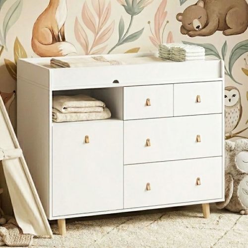Baby Changing Table Nursery Dresser with Drawers, 45 Inch Hidden Trash Storage,Changing Station,Storage Dresser Chest for Infant, White