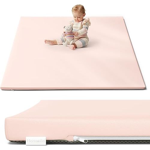 Padded Baby Play Mat 50 x 50, 1.2in Extra Thick & Super Soft Non Toxic Leathaire Baby Mat for Floor, Anti-Slip & Waterproof Baby Crawling Mat for Boy or Girl, Pink