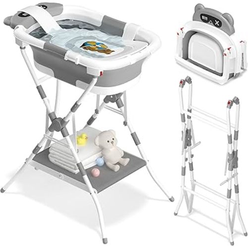 AVIDOR 2-in-1 Baby Bathtub with Stand for Newborn and Infants, Foldable Baby Bath Tub, Baby Shower Gifts for New Parents, Gray