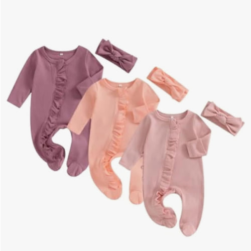 Merqwadd Baby Girl Zipper Pajama Footies 3 Pack Ruffle Sleeper Coming Home Infant Cotton Clothes