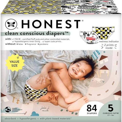 The Honest Company Clean Conscious Diapers | Plant-Based, Sustainable | Big Trucks + So Bananas | Super Club Box, Size 5 (27+ lbs), 84 Count