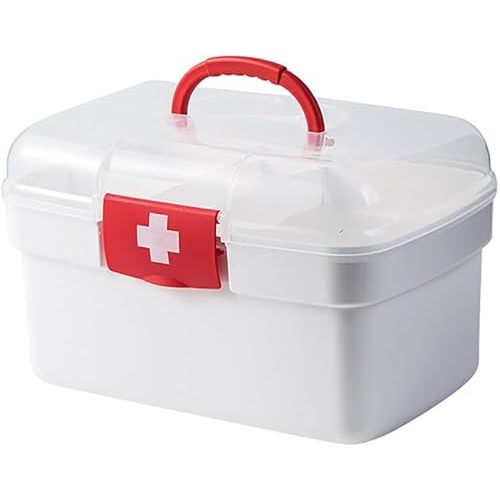 First Aid Storage Box Container Bin with Handle Family Emergency Medicine Kit Portable Plastic Transparent Medical Pill Case Organizer Container Bins for Travel Car - L