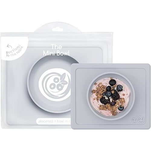 ezpz Mini Bowl for 12 Months+ (Pewter) - 100% Silicone Suction Bowl with Built-in Placemat for Toddlers - Comes with a Reusable Travel Bag