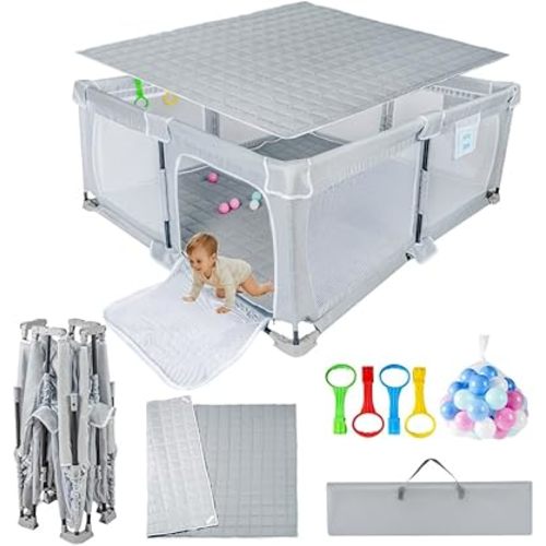 Foldable Baby Playpen 50"x50",Playpen for Babies and Toddlers with Mat,Foldable playpen with Door,Indoor and Outdoor Baby Fence Play Area (Light Gray, Foldable 50"x50" with Mat)