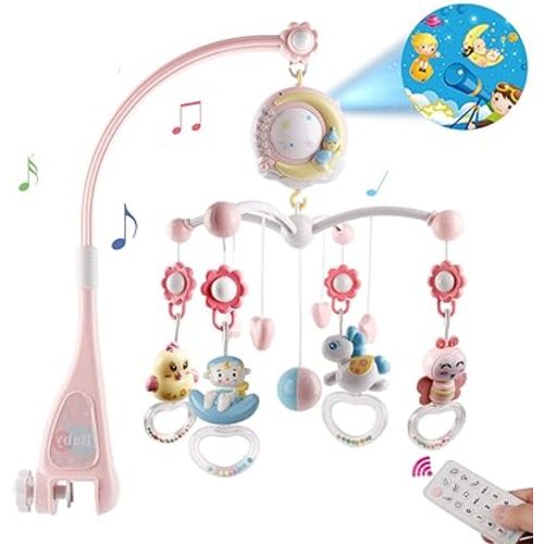 BOBXIN Baby Musical Crib Mobile with Projector and Night Light,150 Music,Timing Function,Take Along Mobile Music Box and Rattle,Toy for Toddles