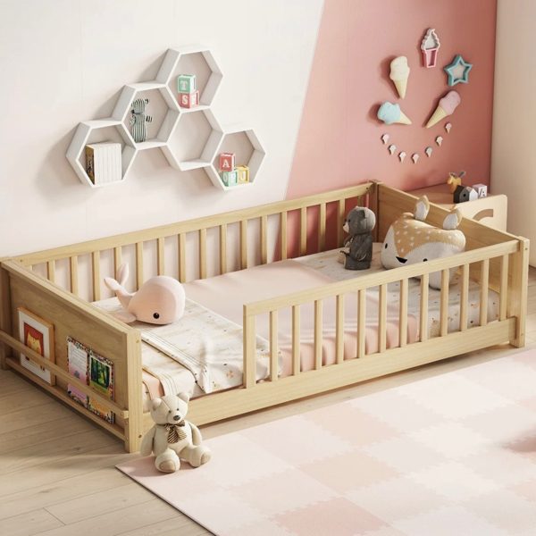 Jedu Kids Twin Floor Platform Bed with Headboard Shelf | Wayfair