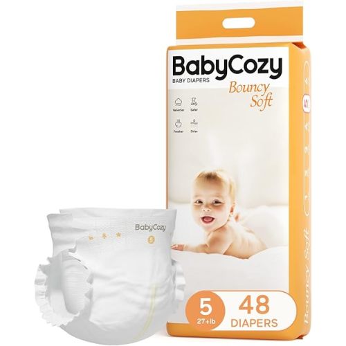 Baby Diapers Size 5 (27+lb),48 Count Babycozy Dry Disposable Diapers Bouncy Soft,0.8D Softer Touch Diapers and 10 Micron Velvet Soft Fiber Diapers Hypoallergenic for Sensitive Infant Skin