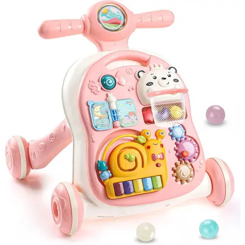 YOLAY 3 in 1 Baby Walker Push with Wheels, Sit-to-Stand Walker for Baby Boy and Girl 6-12 Months with Detachable Play Panel, Stable Handle, Early Learning Activity for Kids (Pink)