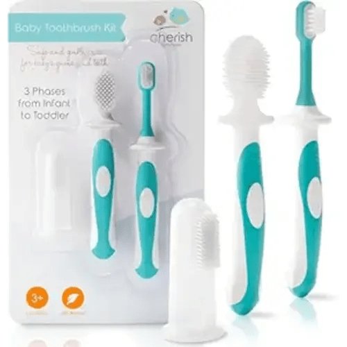 Cherish Baby Care Baby Toothbrush & Toddler Toothbrush Set (0-2 Years) - BPA-Free & Safety-Tested, 2023 Award Winner, Food-Grade Silicone (Teal)