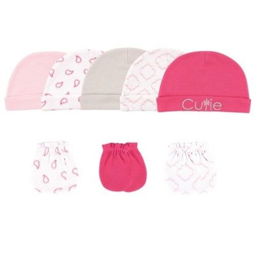 Luvable Friends Baby Girl Cotton Caps and Scratch Mittens 8pk, Cutie, 0-6 Months