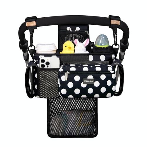 TOPDesign Universal Baby Stroller Organizer, Stroller Caddy with Detachable Mesh Bag & Heightened Insulated Cup Holders & Non-Slip Secure Hooks Accessories, Fits Most Strollers (Polka Dots)