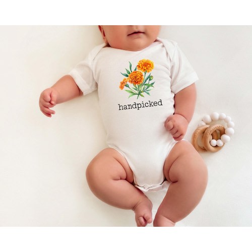 Orange Marigold Birth Flower Baby Bodysuit, October Baby Shower Gift, October Newborn Photo Outfit, October Birth Flower Baby Bodysuit