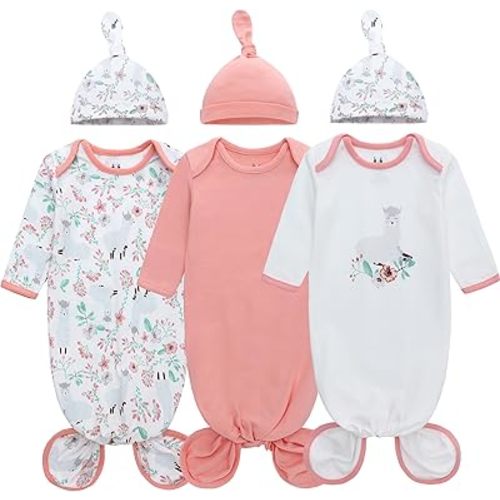 Miracle Baby Newborn Knotted Gown with Hat Set, 3 Pack Newborn Nightgowns, Baby Sleeper Gowns with Mitten Cuffs for Girls 0-6 Months