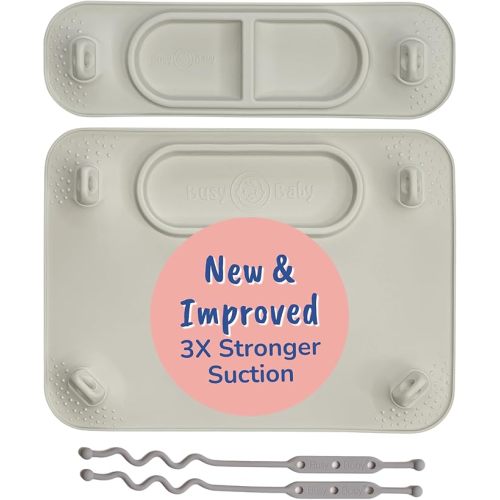 BUSY BABY Silicone Mat Bundle - 1 Original Mat Plus 1 Mini Mat, New Stronger Suction Cups, 6 Straps to Secure Baby Essentials and Keep Them Off The Floor, Baby Led Weaning, Wet Bag Included (Tan)