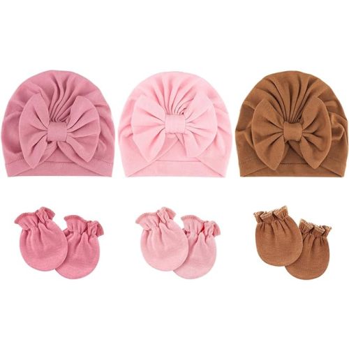BQUBO Newborn Baby Hospital Hats Beanie Bow Infant Caps Baby Cotton No Scratch Mittens Set for 0-12 Months