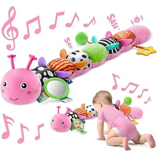 Sumobaby Baby Toys 0-6 6-12 Months,Music Caterpillar Plush Toy with Baby Mirror, Pull String&Crinkle Rattle,Infant Sensory Toys,Tummy Time for 0-3-6-12 Month Boys Girls Newborn Gifts (Pink-Leaf)