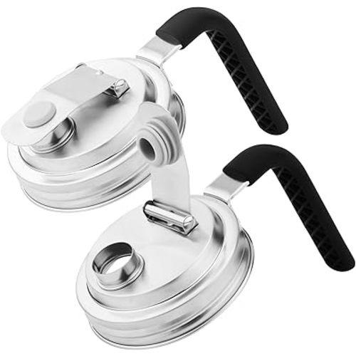 2Pcs Mason Jar Lids, Stainless Steel Mason Jar Pour Spout Lids Wide Mouth Mason Jar Pouring Lid with Handle Pitcher Flip Cap Lid for Home Brewing Fruit Fermenting Drinks Airtight