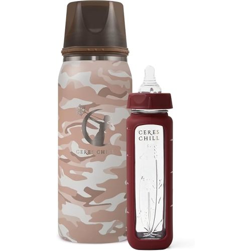 Ceres Chill Breastmilk Chiller/Warmer Bundle, 27oz of Storage, 20 Hour Chill, Comes with Glass Baby Bottle for The Ultimate Bottle Warming Duo (in Plain Sight Chiller & Plum Bottle)