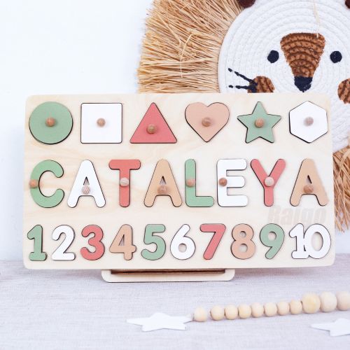 Personalized Baby Wooden Name Puzzle with Pegs Geometric Shapes and Numbers, 6-12 Months Baby Toys, Gifts for Kids, Toddler Wooden Toys