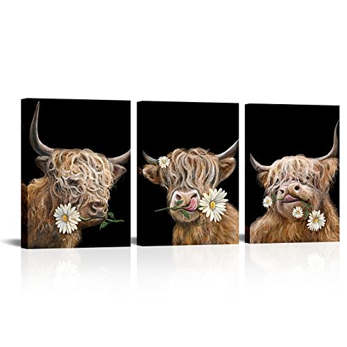 Artsbay Wild Animal Canvas Wall Art Highland Cow Longhorn Cattle With Daisy Flower Painting Prints Modern Wildlife Artwork Wall Decor For Living Room Home Decoration L