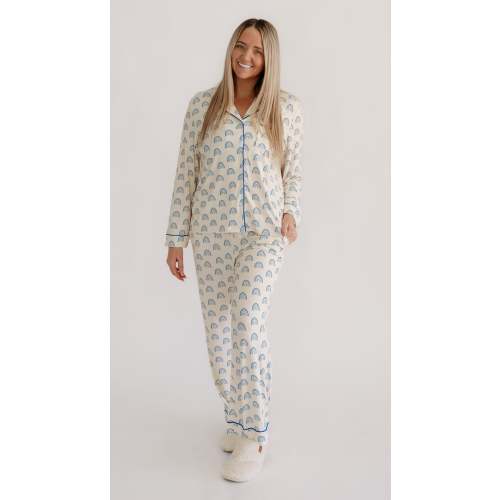 Womens Button Up Set In Blue Rainbows